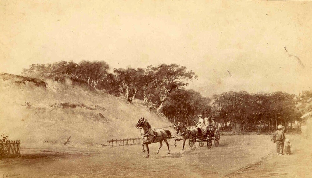 Rijtuig aan duinweg (foto van schilderij van Otto Eerelman, uit album)